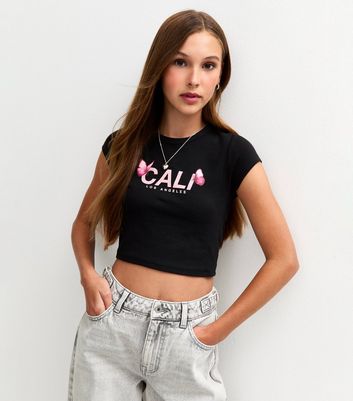 Girls Black Cali Slogan Butterfly Print T-Shirt
