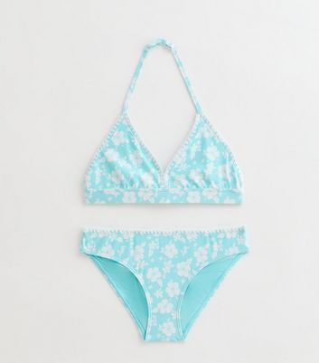 Girls Turquoise Hibiscus Print Bikini Set