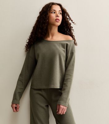 Girls Dark Khaki Waffle Off Shoulder Sweatshirt