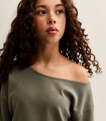 Girls Dark Khaki Waffle Off Shoulder Sweatshirt