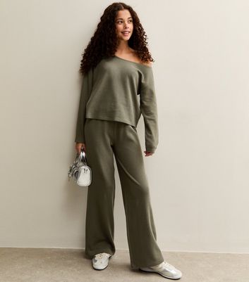 Girls Dark Khaki Waffle Off Shoulder Sweatshirt 3 Girls Dark Khaki Waffle Off Shoulder Sweatshirt