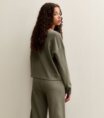 Girls Dark Khaki Waffle Off Shoulder Sweatshirt 4 Girls Dark Khaki Waffle Off Shoulder Sweatshirt