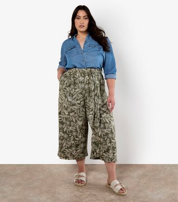 Apricot Curves Olive Green Batik Leaf Print Culotte Trousers