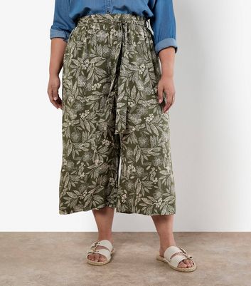 Apricot Curves Olive Green Batik Leaf Print Culotte Trousers