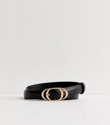 Black Faux Leather Double Oval Skinny Belt