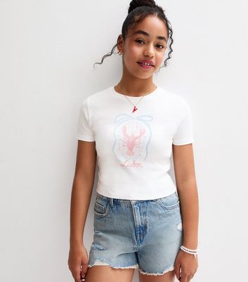 Girls White Ribbed Lisbon Lobster Print T-Shirt