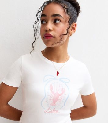 Girls White Ribbed Lisbon Lobster Print T-Shirt