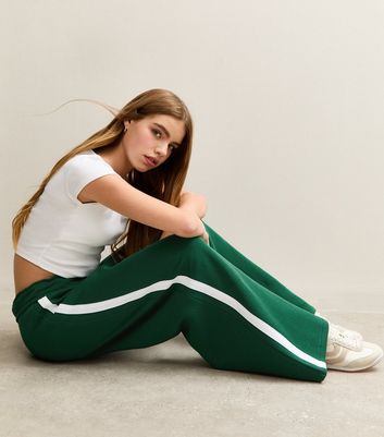 Girls Dark Green Contrast Trim Super Wide Leg Joggers