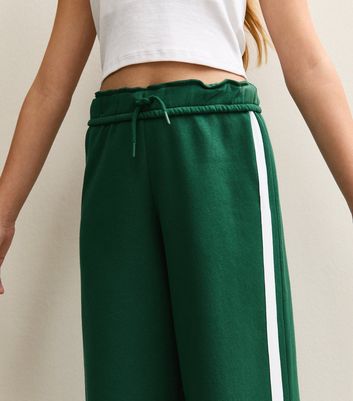 Girls Dark Green Contrast Trim Super Wide Leg Joggers