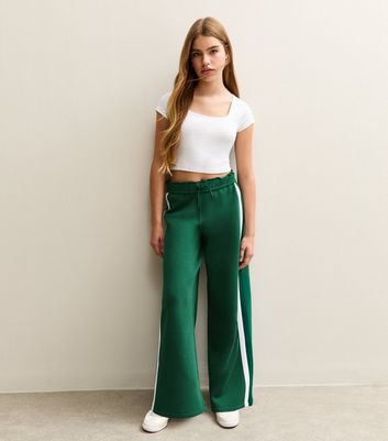 Girls Dark Green Contrast Trim Super Wide Leg Joggers