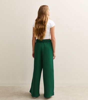 Girls Dark Green Contrast Trim Super Wide Leg Joggers