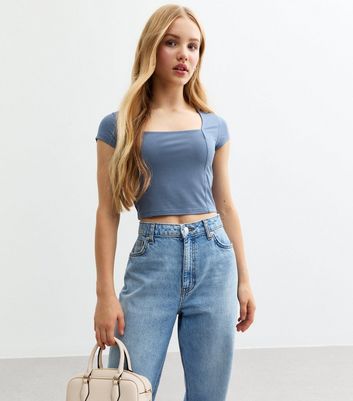 Girls Blue Square Neck Top