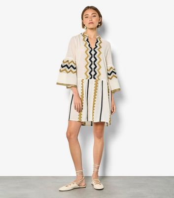 Apricot Stone Zigzag Pattern Bell Sleeve Mini Dress
