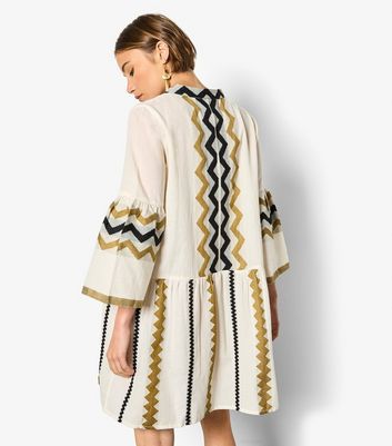 Apricot Stone Zigzag Pattern Bell Sleeve Mini Dress