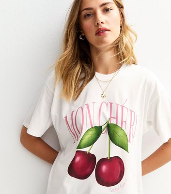 White Mon Cheri Cherry Print Oversized T-Shirt