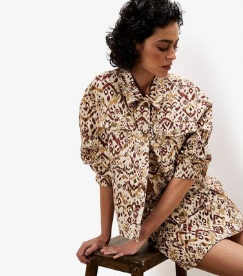 Apricot Brown Printed Denim Skirt