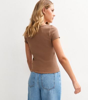 Light Brown Scoop Neck Rib Jersey T-Shirt