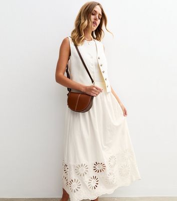 White Embroidered Cutout Hem Midi Skirt