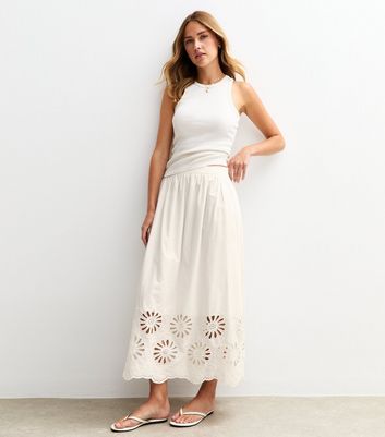 White Embroidered Cutout Hem Midi Skirt