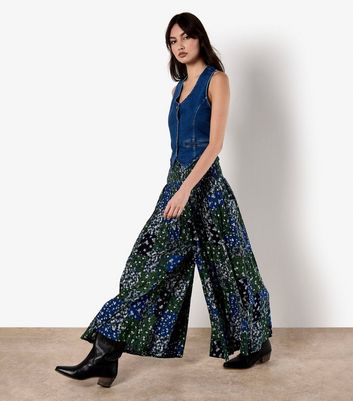 Apricot Navy Floral Print Wide Leg Trousers