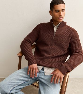 Dark Brown Regular Quarter Zip Funnel Neck Jumper