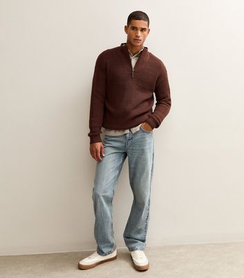 Dark Brown Regular Quarter Zip Funnel Neck Jumper