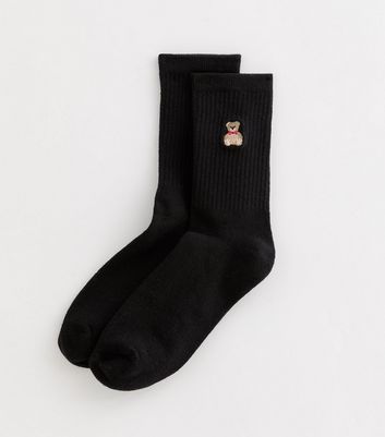 Black Embroidered Teddy Bear Ankle Socks
