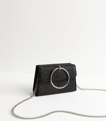 Black Crystal Hoop Handle Satin Clutch Bag