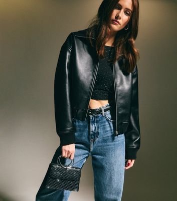 Black Crystal Hoop Handle Satin Clutch Bag