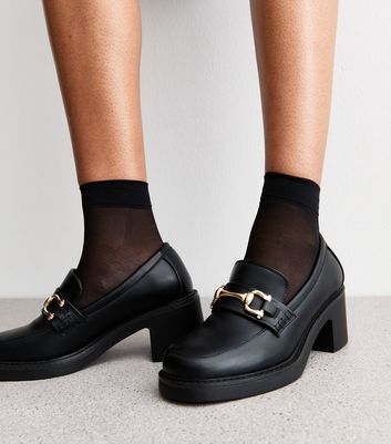 Black Faux Leather Buckle Heeled Loafers