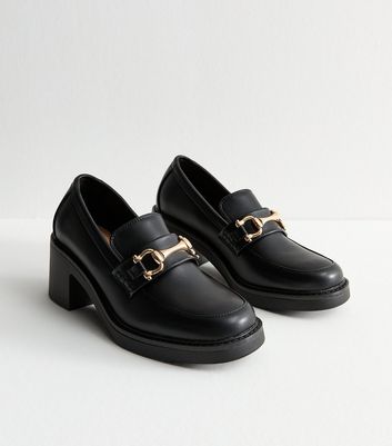 Black Faux Leather Buckle Heeled Loafers