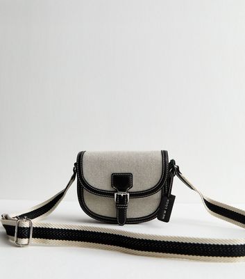 Black Faux Leather Canvas Saddle Crossbody Bag
