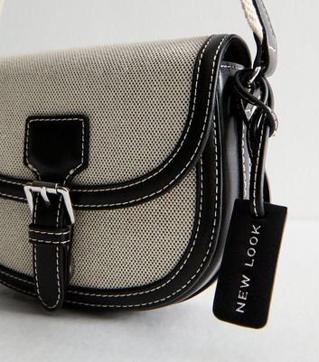 Black Faux Leather Canvas Saddle Crossbody Bag