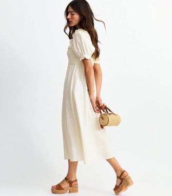 Off White Shirred Frill Trim Midi Dress