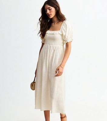 Off White Shirred Frill Trim Midi Dress