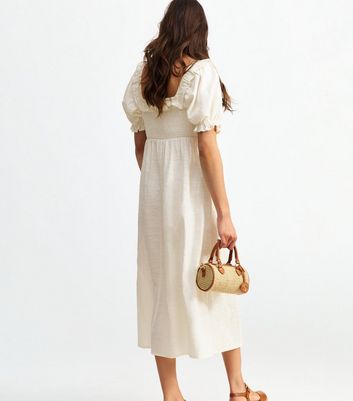 Off White Shirred Frill Trim Midi Dress