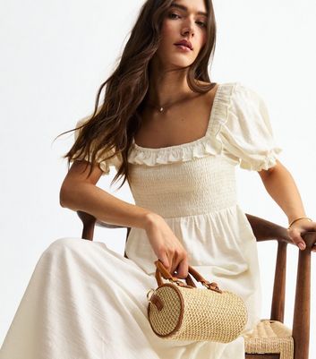 Off White Shirred Frill Trim Midi Dress