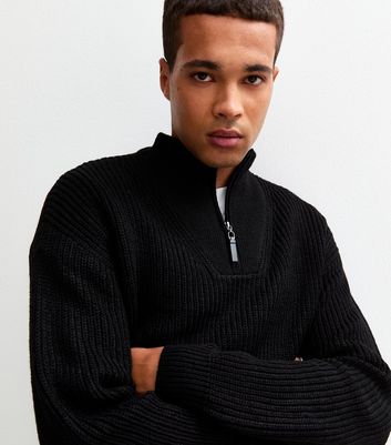 Black Regular Quarter Zip Funnel Neck Jumper