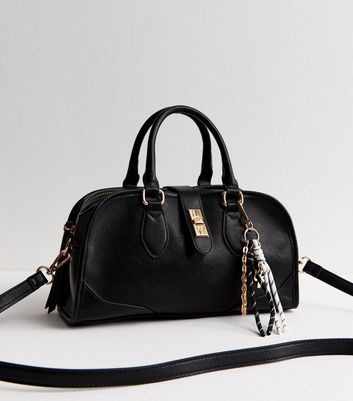 Black Faux Leather Charm Detail Bowler Bag
