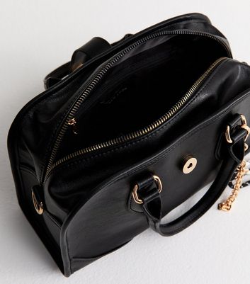 Black Faux Leather Charm Detail Bowler Bag 5 Black Faux Leather Charm Detail Bowler Bag