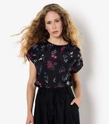 Apricot Black Botanical Floral Print Top