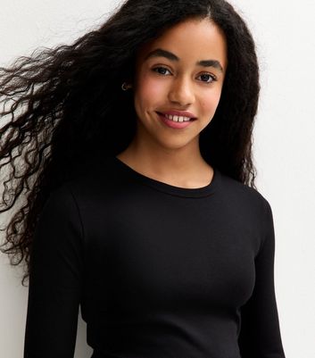 Girls Black Ribbed Baby Tee Long Sleeve Top 4 Girls Black Ribbed Baby Tee Long Sleeve Top