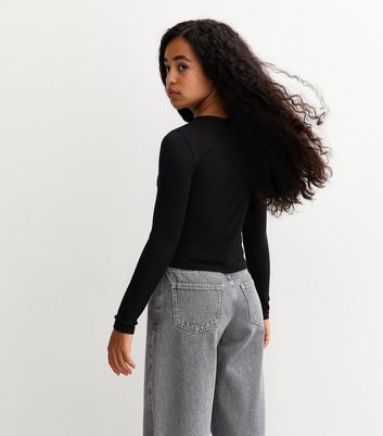 Girls Black Ribbed Baby Tee Long Sleeve Top 6 Girls Black Ribbed Baby Tee Long Sleeve Top