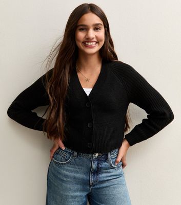 Girls Black Ribbed Raglan Sleeve School Cardigan