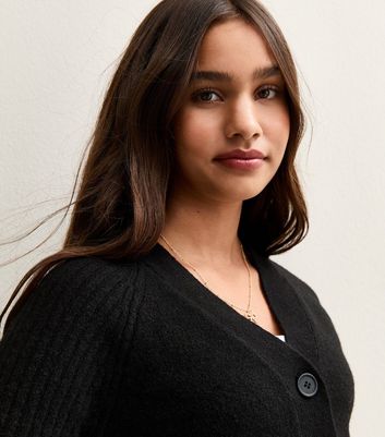 Girls Black Ribbed Raglan Sleeve School Cardigan