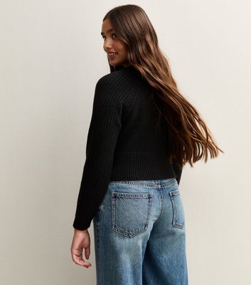 Girls Black Ribbed Raglan Sleeve School Cardigan 4 Girls Black Ribbed Raglan Sleeve School Cardigan