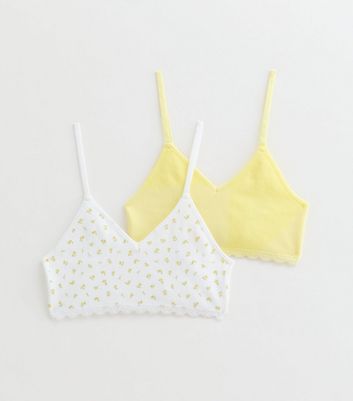 Girls Pack of 2 Yellow Ribbed Ditsy Print Lace Trim Crop Tops