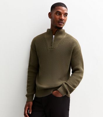 Dark Khaki Regular Quarter Zip Funnel Neck Jumper
