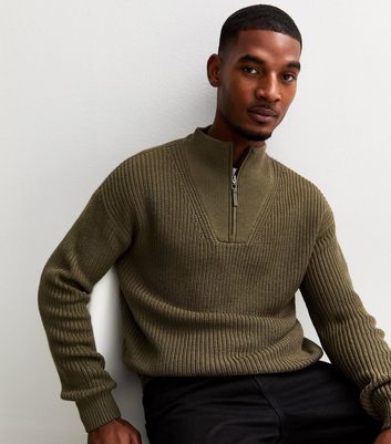 Dark Khaki Regular Quarter Zip Funnel Neck Jumper