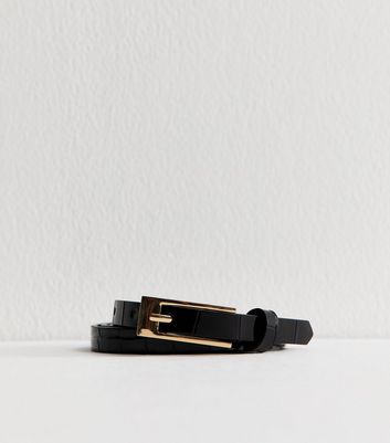 Black Faux Leather Croc Embossed Skinny Belt